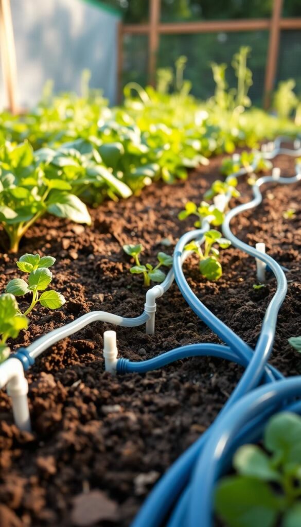 A detailed drip irrigation setup in a lush, thriving raised garden bed. The foreground showcases the precise arrangement of drip emitters, tubing, and hoses snaking through the soil, delivering water efficiently to the plant roots. The middle ground features the raised garden bed itself, brimming with a variety of healthy vegetables and herbs, their leaves glistening with moisture. In the background, a soft, natural lighting illuminates the scene, casting gentle shadows and highlighting the textures of the organic materials. The overall mood is one of tranquility and effortless productivity, capturing the essence of a self-sustaining, eco-friendly watering system for the DIY garden. A detailed drip irrigation setup in a lush, thriving raised garden bed. The foreground showcases the precise arrangement of drip emitters, tubing, and hoses snaking through the soil, delivering water efficiently to the plant roots. The middle ground features the raised garden bed itself, brimming with a variety of healthy vegetables and herbs, their leaves glistening with moisture. In the background, a soft, natural lighting illuminates the scene, casting gentle shadows and highlighting the textures of the organic materials. The overall mood is one of tranquility and effortless productivity, capturing the essence of a self-sustaining, eco-friendly watering system for the DIY garden.