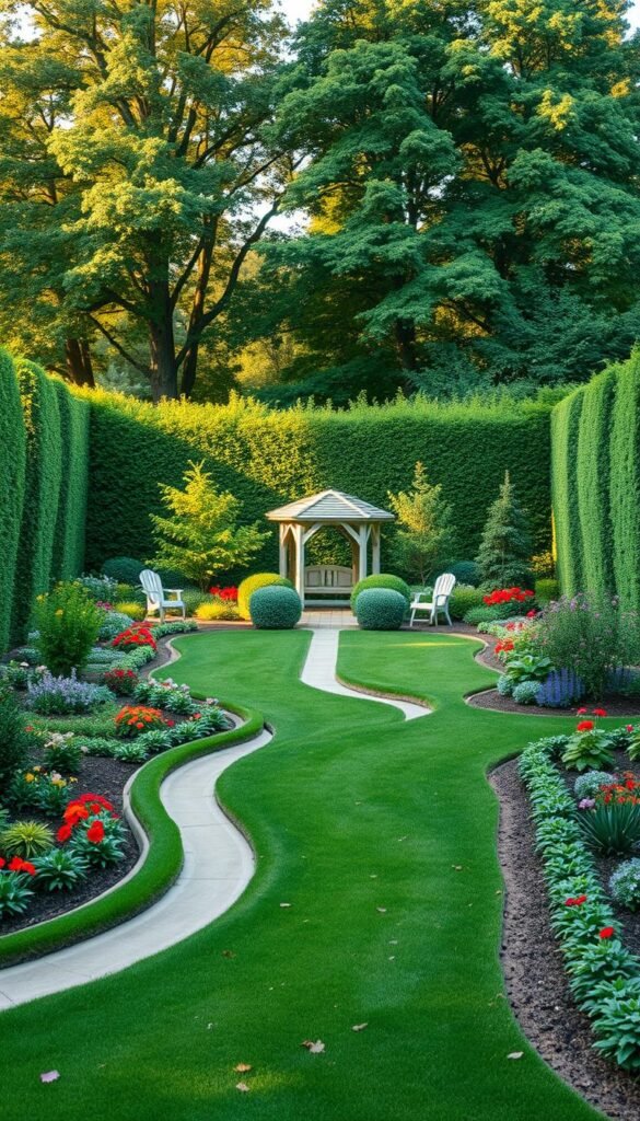 A detailed garden blueprint design, featuring a lush, harmonious layout optimized for sunlight and shade. In the foreground, a flowing path meanders through neatly arranged garden beds, with a variety of colorful flowers and ornamental plants positioned to maximize sun exposure. The middle ground showcases a central focal point, such as a quaint gazebo or water feature, surrounded by strategically placed shade trees and shrubs. In the background, a verdant backdrop of mature trees and hedges frames the scene, creating a sense of depth and enclosure. The lighting is natural and diffused, capturing the warm, golden tones of the sun filtering through the foliage. This blueprint design conveys a sense of tranquility, balance, and thoughtful planning, perfect for the "Step-by-Step: Planning a Garden Design Layout Optimized for Sunlight and Shade" section.