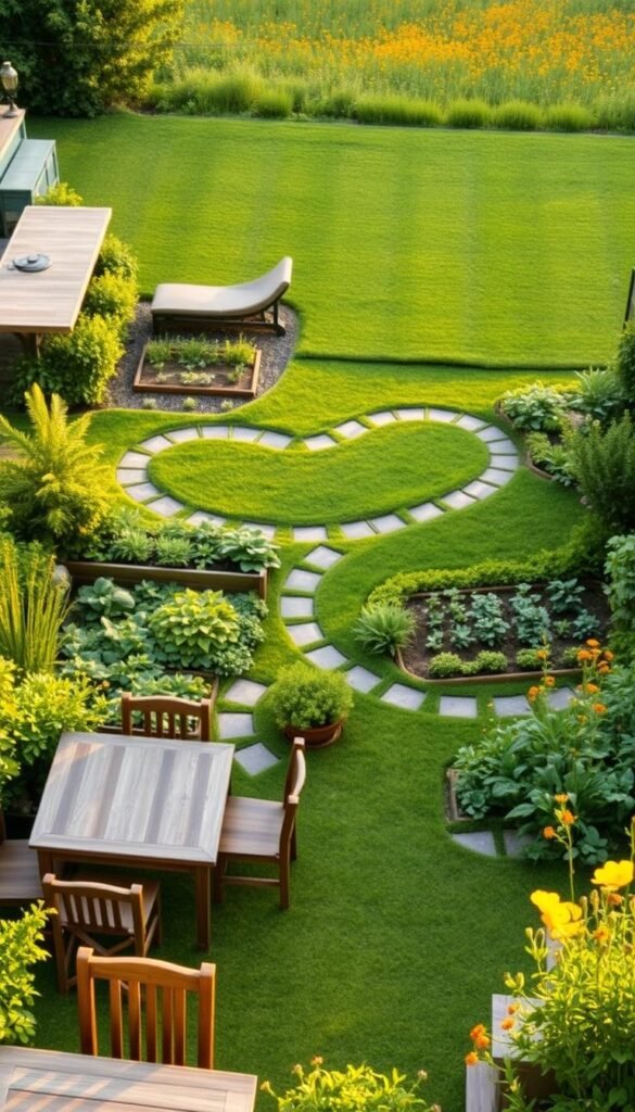 A detailed garden layout with distinct functional zones. In the foreground, a cozy outdoor dining area with a rustic wooden table and chairs, surrounded by lush vegetation. In the middle ground, a neatly organized vegetable patch and herb garden, with winding paths leading to a tranquil seating area. In the background, a well-manicured lawn transitions into a natural wildflower meadow, bathed in warm, golden afternoon light. The overall composition conveys a sense of balance, functionality, and harmony within the garden design. A detailed garden layout with distinct functional zones. In the foreground, a cozy outdoor dining area with a rustic wooden table and chairs, surrounded by lush vegetation. In the middle ground, a neatly organized vegetable patch and herb garden, with winding paths leading to a tranquil seating area. In the background, a well-manicured lawn transitions into a natural wildflower meadow, bathed in warm, golden afternoon light. The overall composition conveys a sense of balance, functionality, and harmony within the garden design.