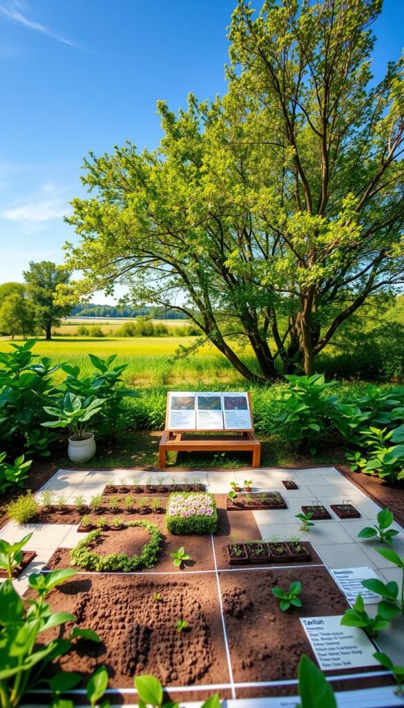 A detailed garden site map with a soil testing diagram. A lush, vibrant garden in the foreground, with a neatly organized plot layout and a centralized soil testing station. In the middle ground, various soil samples are displayed, with test results and annotations. The background features a serene, sun-dappled landscape, with verdant trees and a clear blue sky. The scene is captured with a wide-angle lens, creating a sense of depth and immersion. The lighting is soft and natural, highlighting the textures and colors of the garden. The overall mood is one of scientific inquiry and environmental harmony, inviting the viewer to explore the intricacies of sustainable garden design.