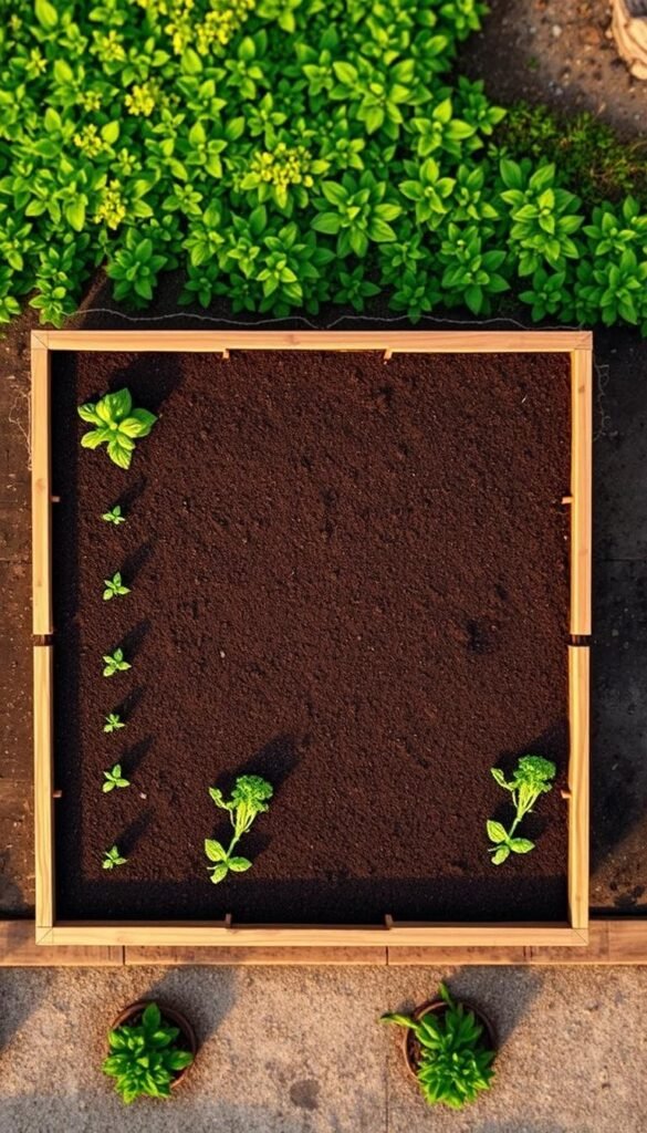 A detailed layout plan of a raised garden bed, viewed from an overhead perspective. The bed is rectangular in shape, with neatly arranged sections for different crops. The soil is a rich, dark brown, and the edges of the bed are lined with wooden planks, creating a clean, organized appearance. The background features a blurred, lush green landscape, suggesting a serene, natural setting. Warm, diffused lighting illuminates the scene, creating a sense of depth and warmth. The overall composition is balanced and visually appealing, providing a clear, practical guide for planning an efficient raised garden layout.