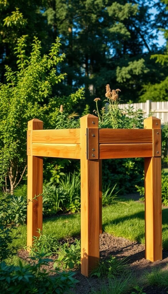 A detailed, rustic wooden raised garden bed frame stands tall in a lush, verdant backyard. The frame is constructed with sturdy, weathered boards, precisely fitted together to create a rectangular structure elevated several feet off the ground. Warm, natural sunlight bathes the scene, casting gentle shadows that accentuate the textural details of the wood. The frame's design allows for easy access to the soil, enabling comfortable gardening and cultivating a thriving outdoor oasis. The overall composition conveys a sense of simplicity, functionality, and a connection to the natural world.