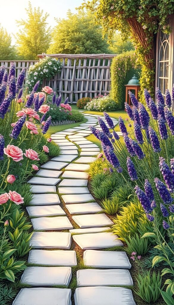 A detailed sketch of a cottage garden path layout, featuring a winding walkway flanked by lush, fragrant borders. The foreground showcases a stone or brick path meandering through the garden, with a softly lit, golden-hour glow. The middle ground features an array of vibrant blooms - delicate roses, cascading lavender, and fragrant herbs like rosemary and thyme. The background frames the scene with a picturesque garden backdrop, perhaps a woven willow fence or a rustic wooden arbor draped in flowering vines. The overall atmosphere evokes a sense of tranquility, inviting the viewer to imagine strolling through this enchanting garden oasis.