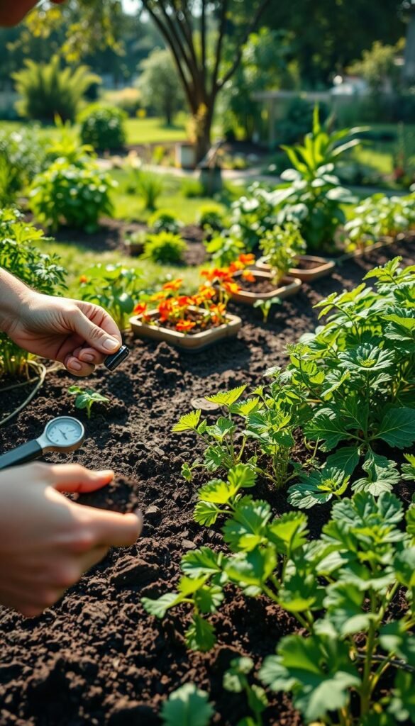 A detailed soil testing scene with companion planting techniques in a lush garden. In the foreground, a person's hands carefully examine soil samples, using various testing tools. In the middle ground, vibrant vegetable plants and herbs grow in harmony, demonstrating effective companion planting methods. The background features a garden landscape with a variety of plants, trees, and natural lighting filtering through, creating a serene, verdant atmosphere. The scene is captured with a shallow depth of field, focusing attention on the soil testing and companion planting elements. The lighting is natural, with soft shadows and highlights accentuating the textures and colors of the organic elements.