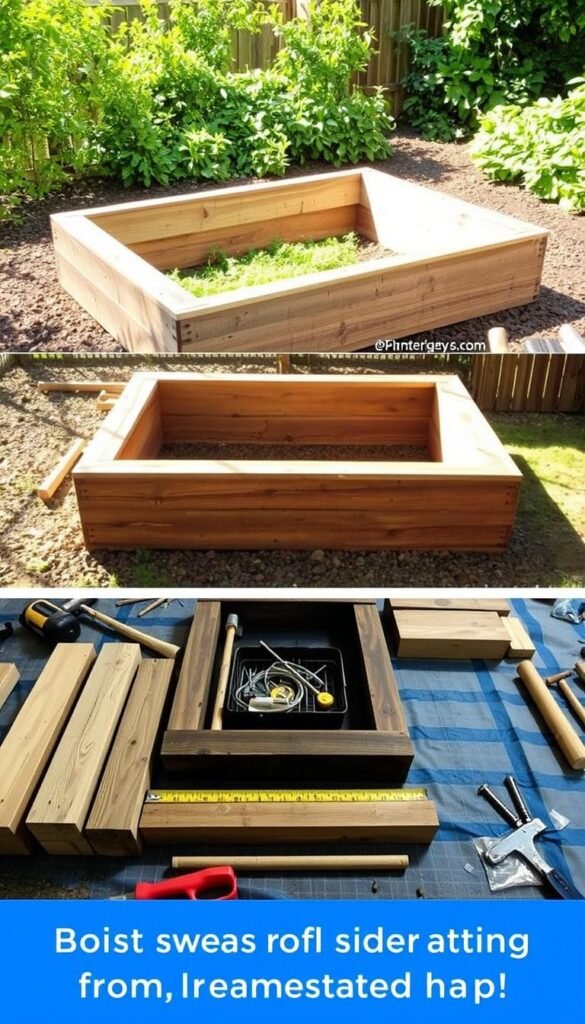 A detailed step-by-step guide to assembling a garden raised bed from railway sleepers. In the foreground, carefully arranged railway sleepers in various stages of construction, with tools and materials like hammers, nails, and measuring tapes. The middle ground features a partially assembled raised bed frame, showcasing the robust and rustic design. In the background, a well-lit outdoor setting with lush greenery, suggesting the final placement of the completed raised bed. The scene is bathed in warm, natural lighting, evoking a sense of practicality and country charm. The overall composition emphasizes the process of creating a functional yet visually appealing garden feature from repurposed railway materials.