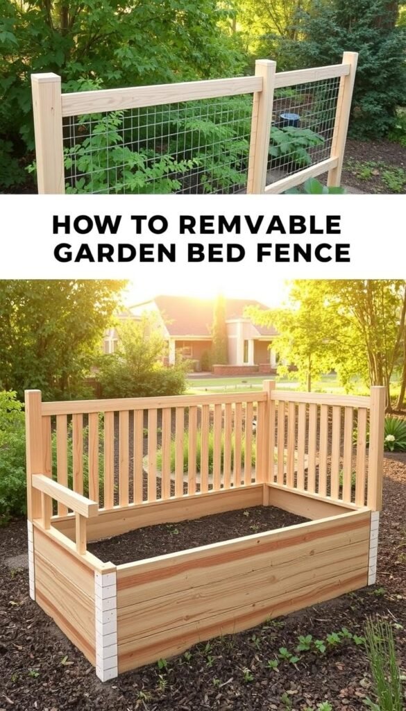 A detailed, step-by-step guide to building a removable garden bed fence. The scene depicts a wooden raised garden bed in the foreground, with a modular, slatted fence structure surrounding it. The fence panels are designed to be easily detachable, allowing for convenient access to the garden bed. The middle ground showcases the fence's components, including the wooden posts, horizontal rails, and vertical slats. The background features a lush, natural landscape, with verdant foliage and a warm, golden afternoon sunlight filtering through. The overall composition emphasizes the fusion of functionality and aesthetic appeal, creating a harmonious outdoor environment. A detailed, step-by-step guide to building a removable garden bed fence. The scene depicts a wooden raised garden bed in the foreground, with a modular, slatted fence structure surrounding it. The fence panels are designed to be easily detachable, allowing for convenient access to the garden bed. The middle ground showcases the fence's components, including the wooden posts, horizontal rails, and vertical slats. The background features a lush, natural landscape, with verdant foliage and a warm, golden afternoon sunlight filtering through. The overall composition emphasizes the fusion of functionality and aesthetic appeal, creating a harmonious outdoor environment.