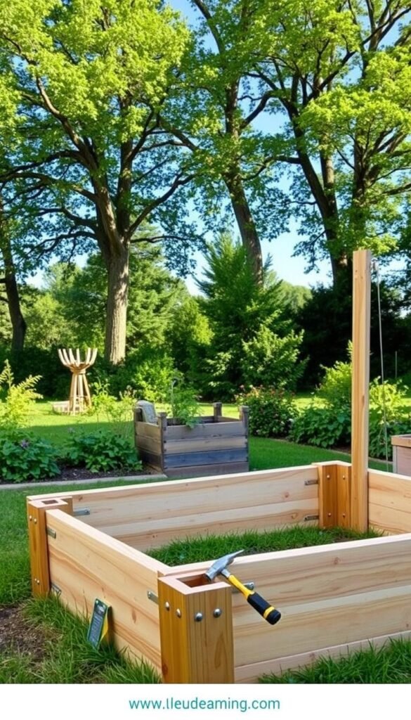 A detailed, step-by-step guide to constructing a raised garden bed. In the foreground, a wooden frame is being assembled with sturdy boards and metal corner brackets. In the middle ground, gardening tools like a hammer, screwdriver, and measuring tape are neatly arranged. The background showcases a lush, verdant garden setting with towering trees and a clear, blue sky. The lighting is natural and diffused, casting soft shadows and highlighting the warm, earthy tones of the wood. The overall mood is one of calm, order, and the peaceful pursuit of gardening.