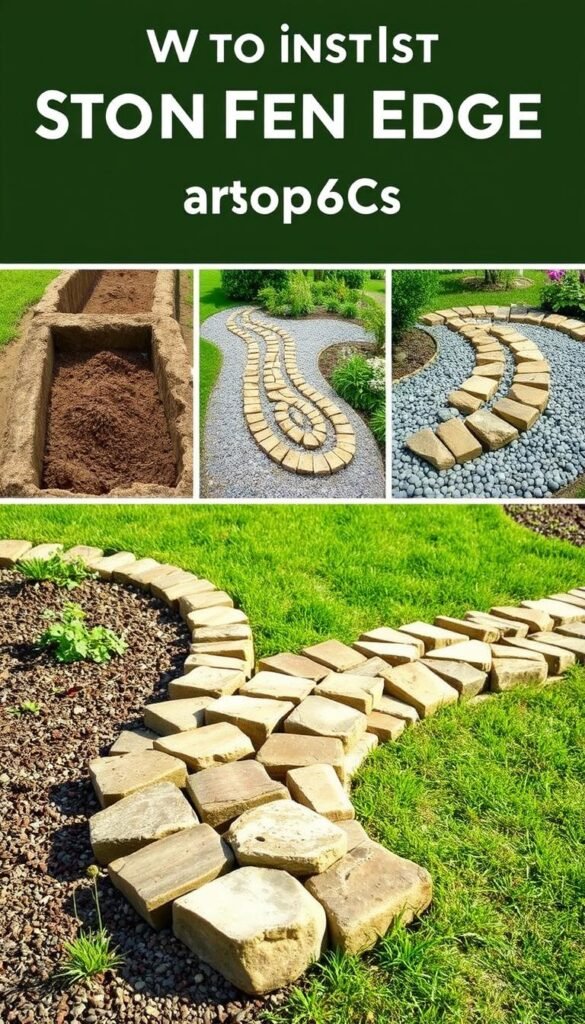 A detailed step-by-step guide to installing a stone garden edge. In the foreground, showcases the process of digging a trench, laying down a gravel base, and placing irregularly shaped natural stone pieces to form a sturdy, decorative border. The middle ground features the careful arrangement and fitting of the stones, with a focus on creating a cohesive, interlocking pattern. The background depicts a lush, verdant garden setting, with a warm, natural lighting that accentuates the earthy tones of the stone. The overall mood is one of a methodical, satisfying DIY project that seamlessly integrates the garden's design.