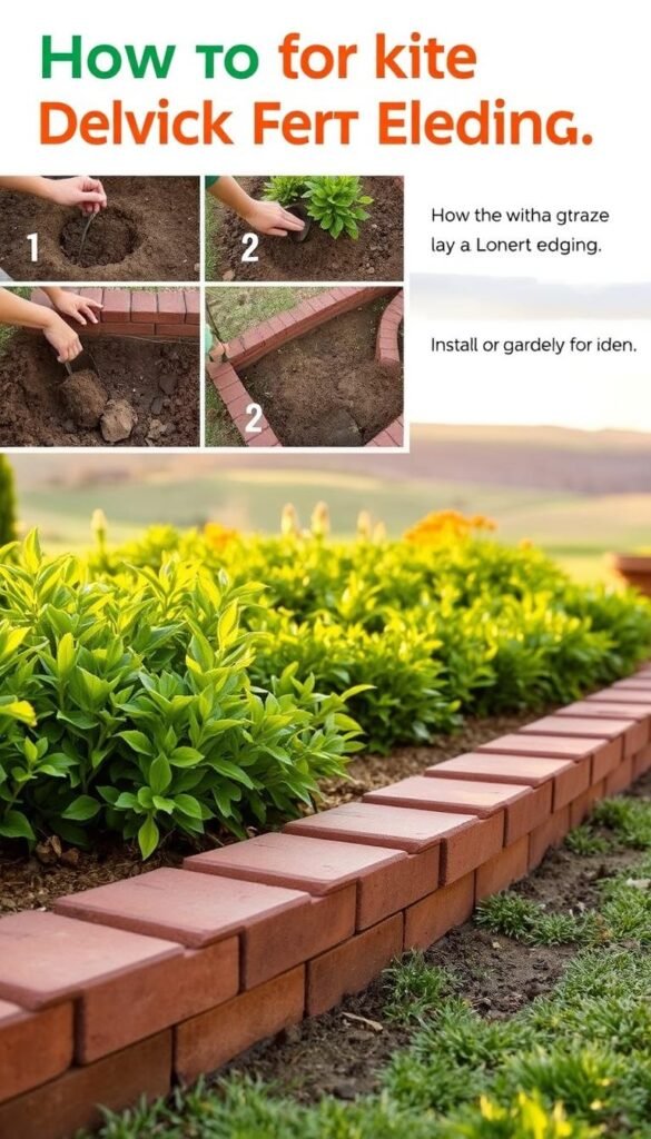 A detailed step-by-step guide to installing decorative brick garden edging. In the foreground, close-up shots showcase the precise process of digging a trench, laying a level foundation, and carefully placing the bricks in an overlapping pattern. The middle ground features a wider view of the edging being installed along a lush garden bed, surrounded by verdant foliage. The background contains a soft, natural landscape with a warm, golden-hour lighting that casts long shadows and enhances the rustic charm of the brickwork. The overall scene conveys a sense of methodical DIY craftsmanship and the beauty of integrating natural materials into an ornamental garden design. A detailed step-by-step guide to installing decorative brick garden edging. In the foreground, close-up shots showcase the precise process of digging a trench, laying a level foundation, and carefully placing the bricks in an overlapping pattern. The middle ground features a wider view of the edging being installed along a lush garden bed, surrounded by verdant foliage. The background contains a soft, natural landscape with a warm, golden-hour lighting that casts long shadows and enhances the rustic charm of the brickwork. The overall scene conveys a sense of methodical DIY craftsmanship and the beauty of integrating natural materials into an ornamental garden design.