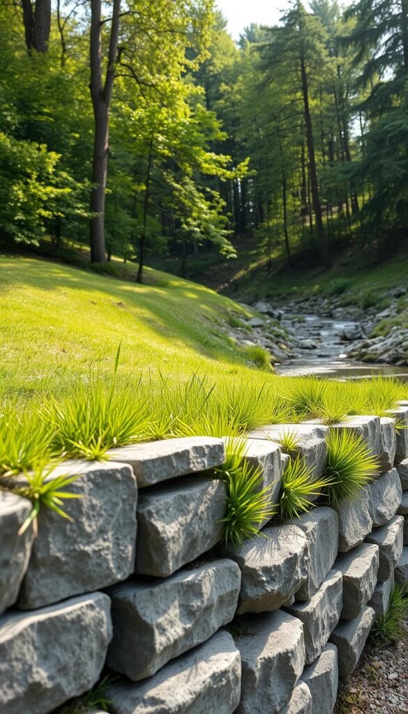 A detailed stone garden edge in warm, natural lighting. The foreground features neatly stacked grey limestone blocks, their rough texture and sharp edges contrasting with the smooth, lush green grass spilling over the sides. In the middle ground, a gradual slope leads down to a tranquil stream, its gentle flow glistening. The background showcases a dense, verdant forest, the tall trees casting soft, dappled shadows across the scene. The overall composition conveys a sense of rustic charm and effective soil erosion control through the strategic placement of the sturdy stone border.