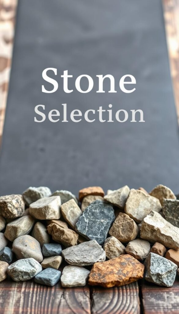 A detailed stone selection guide, displayed on a weathered wooden surface. In the foreground, an assortment of natural stone samples - smooth river rocks, rugged slate tiles, and jagged limestone fragments - are arranged in a visually appealing layout. The middle ground features a slate-gray background, subtly lit from above to highlight the textural nuances of each stone type. The background has a soft, defocused blur, creating a sense of depth and emphasis on the curated stone collection. The overall composition conveys a sense of natural elegance and a practical guide for homeowners and landscapers to select the ideal stone materials for their outdoor projects.