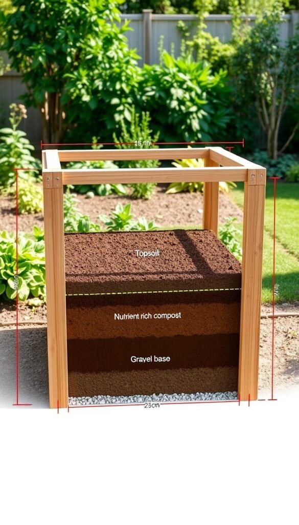 A detailed, technical diagram of a raised garden bed installation. The foreground depicts a cedar raised bed frame, meticulously constructed with precise measurements and joinery. The middle ground showcases the layered soil profile, including nutrient-rich compost, topsoil, and a gravel base for drainage. In the background, a verdant garden setting provides context, with lush plants and a natural, earthy atmosphere. The lighting is soft and directional, casting subtle shadows that highlight the structure's craftsmanship. The camera angle is slightly elevated, offering a clear, informative view of the entire installation process. The overall mood is one of practicality and gardening expertise, guiding the viewer through the essential steps of creating a thriving raised bed ecosystem. A detailed, technical diagram of a raised garden bed installation. The foreground depicts a cedar raised bed frame, meticulously constructed with precise measurements and joinery. The middle ground showcases the layered soil profile, including nutrient-rich compost, topsoil, and a gravel base for drainage. In the background, a verdant garden setting provides context, with lush plants and a natural, earthy atmosphere. The lighting is soft and directional, casting subtle shadows that highlight the structure's craftsmanship. The camera angle is slightly elevated, offering a clear, informative view of the entire installation process. The overall mood is one of practicality and gardening expertise, guiding the viewer through the essential steps of creating a thriving raised bed ecosystem.