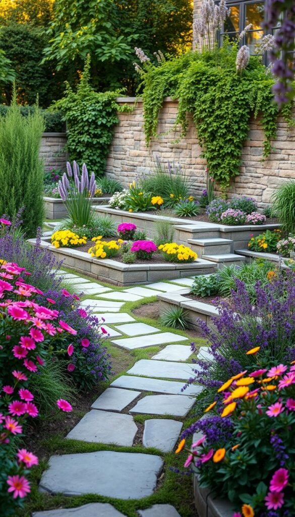 A diagonal garden design featuring a lush, naturalistic layout with winding stone paths, raised beds, and cascading perennials. In the foreground, a winding stone path leads the eye diagonally through the scene, framed by vibrant blooms in shades of pink, purple, and yellow. In the middle ground, nested planting beds with a mix of tall and trailing plants create a sense of depth and movement. The background showcases a rustic stone wall, partially obscured by the foliage, adding a sense of enclosure and charm. Warm, diffused lighting filters through the canopy, casting soft shadows and highlighting the textures of the plants and hardscaping. The overall mood is one of tranquility, inviting the viewer to explore this enchanting cottage-style garden.