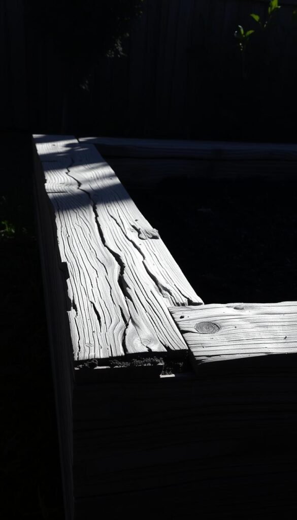 A dilapidated wooden raised garden bed, its weathered planks cracked and splintered, sits in a dimly lit, overgrown backyard. The wood's natural imperfections and vulnerabilities are on full display, with visible cracks, knots, and gaps that expose the soil within. Soft, diffused lighting from the side casts long shadows, accentuating the uneven surfaces and textures of the aging structure. The overall atmosphere conveys a sense of neglect and the need for careful maintenance to preserve the longevity of this essential gardening feature.