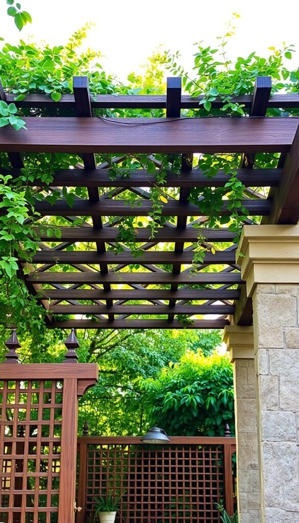 A finely crafted pergola, its beams and lattices offering a harmonious blend of materials - weathered wood, sturdy metal, and elegant stone. The structure casts a warm, inviting glow, bathed in soft, natural lighting that filters through the lush, verdant foliage above. In the foreground, an array of design elements showcase the versatility of pergola construction, from intricate lattice patterns to decorative hardware and finials. The overall scene exudes a serene, natural ambiance, perfectly complementing the garden setting and providing ample shade for a tranquil outdoor oasis.