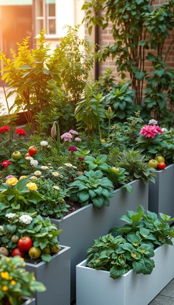 A flourishing urban garden with a variety of space-saving container plants arranged in a harmonious border design. Lush greenery, vibrant flowers, and healthy produce spill over the edges of sleek modern planters against a backdrop of warm, natural light. The scene exudes a sense of tranquility and productivity, showcasing the benefits of compact, low-maintenance container gardening in a small urban setting. A carefully composed arrangement highlighting the versatility and space-saving potential of container gardening.