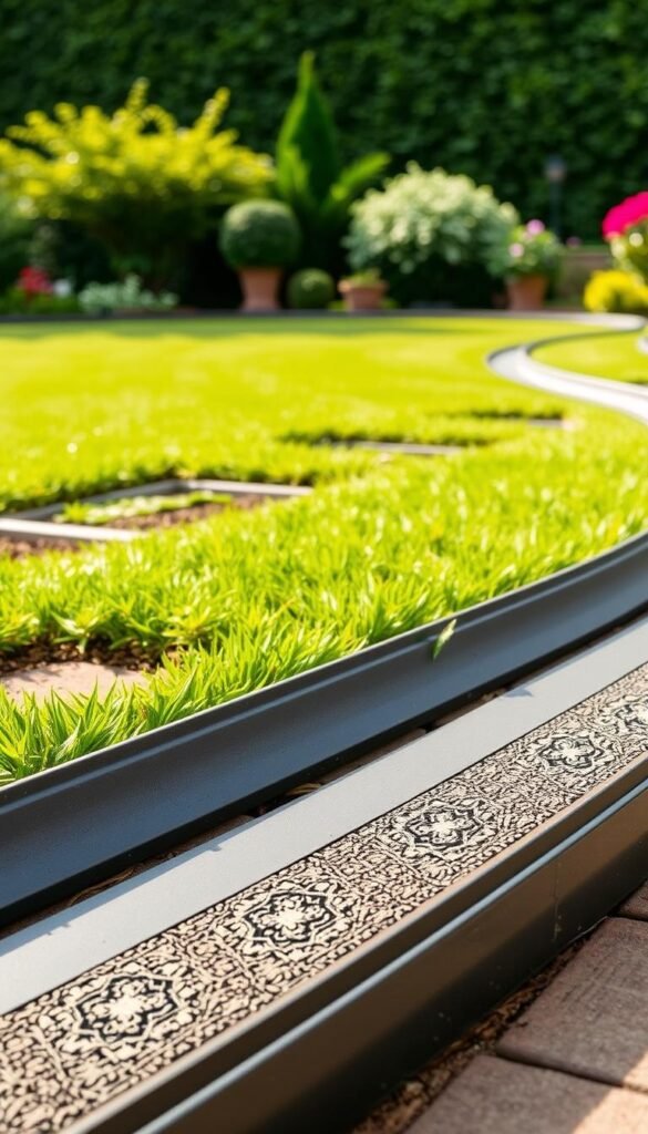 A formal garden border with symmetrical patterns and neat lines, featuring innovative plastic and rubber edging. The foreground showcases the edging material in various textures and colors, ranging from smooth and sleek to slightly textured. The middle ground presents the edging installed along a well-manicured lawn, with precise angles and clean lines. The background suggests a lush, verdant garden setting, with hints of vibrant foliage peeking through. The lighting is natural, with soft, diffused illumination highlighting the edging's details and creating a serene, harmonious atmosphere. The overall composition conveys a sense of modern, sophisticated garden design.