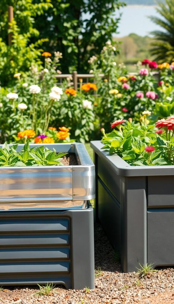 A garden setting with two raised beds side by side, one made of sleek metal and the other of sturdy plastic. The beds are positioned in a well-lit, sun-dappled area, surrounded by lush greenery and vibrant flowers. The metal bed has a gleaming, polished surface that reflects the sunlight, while the plastic bed has a matte, textured finish. The beds are filled with healthy, thriving plants, showcasing their durability and suitability for gardening. The scene is captured from a slightly elevated angle, allowing the viewer to compare the materials and their impact on the overall aesthetic and functionality of the raised garden beds.