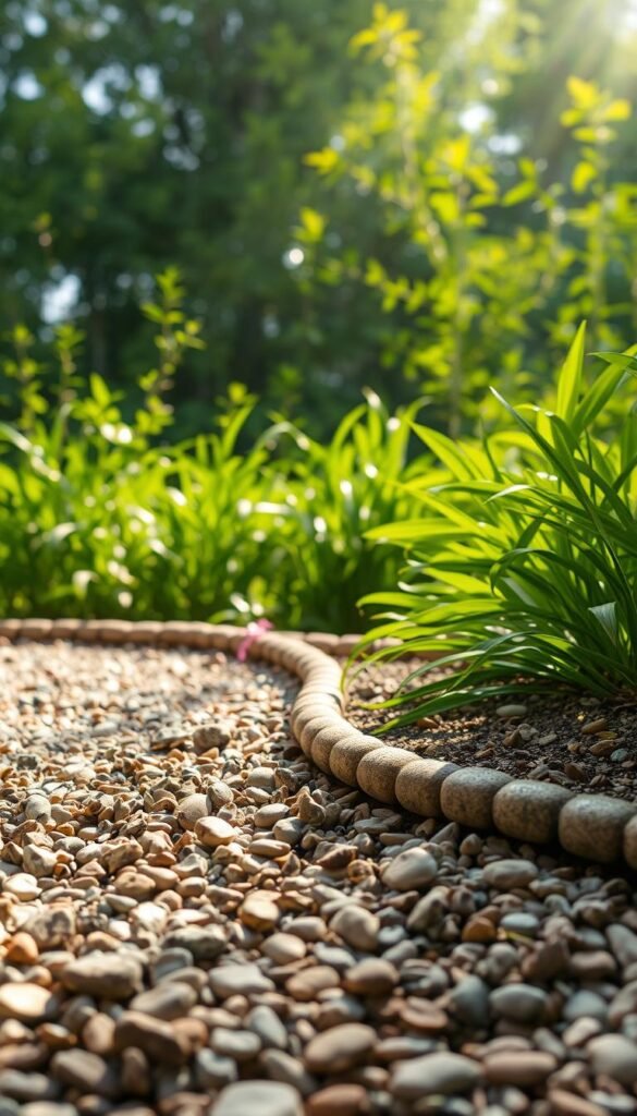 A gravel garden, with smooth pebbles lining the edges and borders, creating a natural and tranquil atmosphere. The gravel gently cascades down, leading the eye to a lush, verdant background of vibrant foliage. Sunlight filters through, casting a warm, diffused glow and highlighting the textural contrast between the gravel and the surrounding plants. The overall scene conveys a sense of easy drainage and low-maintenance, perfect for a serene and relaxing outdoor space.