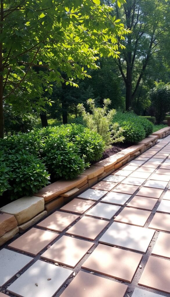 A harmonious stone border design featuring neatly arranged natural stone pavers in warm earthy tones, creating a seamless transition between the lush greenery of a well-manicured garden and the surrounding hardscape. The stones are carefully stacked and interlocked, forming a low-profile, understated border that gently guides the eye and delineates the boundaries of the outdoor space. Dappled sunlight filters through the foliage, casting gentle shadows that add depth and texture to the design. The overall aesthetic is one of rustic elegance, blending the organic and the man-made in a visually appealing and functional way.