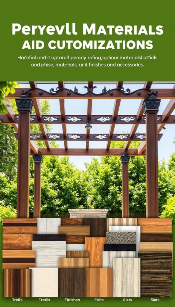 A high-quality, detailed image showcasing various pergola materials and customization options. The scene depicts a well-lit, airy outdoor setting with a central pergola structure in the middle ground. The pergola features a range of materials, including sturdy wooden beams, decorative metal accents, and optional roofing such as trellis, fabric canopy, or slats. In the foreground, an array of sample materials, finishes, and accessories are displayed, allowing viewers to envision the customization possibilities. The background features lush greenery, complementing the natural aesthetic. The image conveys a sense of elegance, functionality, and design flexibility to enhance the viewer's understanding of pergola materials and customization.