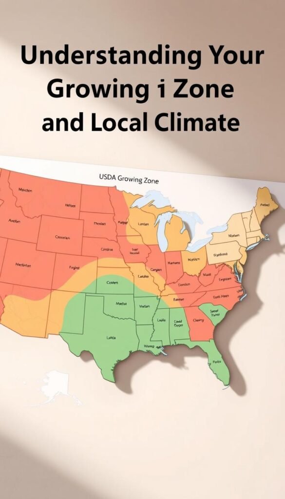 A highly detailed, photorealistic image of a USDA growing zone map, featuring a crisp and clear display of the various zones across the United States. The map is presented against a soft, muted background, with gentle lighting that highlights the subtle variations in color and terrain. The zones are clearly delineated, with distinct boundaries and labels that are legible but not overpowering. The overall composition is balanced and visually appealing, drawing the viewer's eye to the key information without distracting from the content. The image conveys a sense of authority and professionalism, making it an ideal visual aid for the "Understanding Your Growing Zone and Local Climate" section of the article.