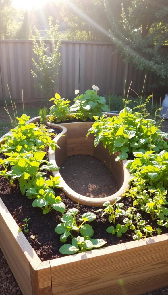 A lush, U-shaped raised garden bed nestled in a serene, sun-dappled backyard. The curved design maximizes planting space and allows for effortless reach, enabling high productivity. Neatly arranged rows of vibrant vegetables and herbs thrive under the warm, golden light, their leaves gently swaying in a light breeze. The bed's sturdy, weathered wood construction blends seamlessly with the surrounding landscape, creating a harmonious, natural-looking oasis. A sense of order and efficiency pervades the scene, highlighting the thoughtful layout and careful cultivation of this productive, easy-to-tend garden.
