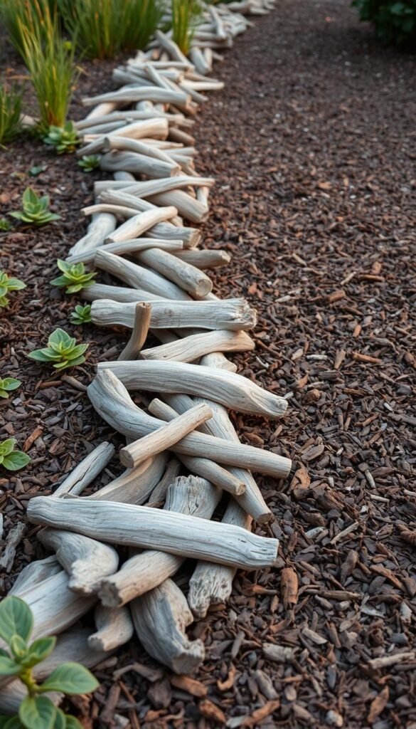 A lush and natural eco-friendly garden edging, featuring a rustic arrangement of weathered driftwood pieces intertwined with a layer of rich, earthy mulch. The driftwood elements are placed in a staggered pattern, creating a visually interesting and organic border around the garden beds. The mulch covers the soil, providing a soft, natural transition between the plants and the edging. Warm, diffused lighting casts a gentle glow, highlighting the textures and tones of the natural materials. The overall scene evokes a sense of serenity and a harmonious integration of the garden with its surrounding environment.