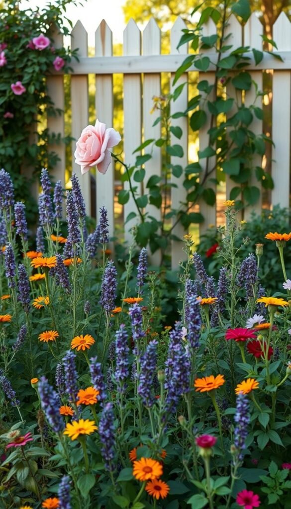A lush and verdant garden scene showcasing an array of companion plants thriving alongside a climbing rose. In the foreground, a mix of fragrant herbs and flowering perennials like lavender, rosemary, and marigolds create a vibrant tapestry. The middle ground features a graceful climbing rose, its vines intertwined with the supporting plants, creating a harmonious symbiosis. In the background, a charming cottage-style fence frames the scene, bathed in warm, natural lighting. The overall mood is one of tranquility and botanical abundance, reflecting the benefits of using companion plants to naturally protect roses from pests and diseases.