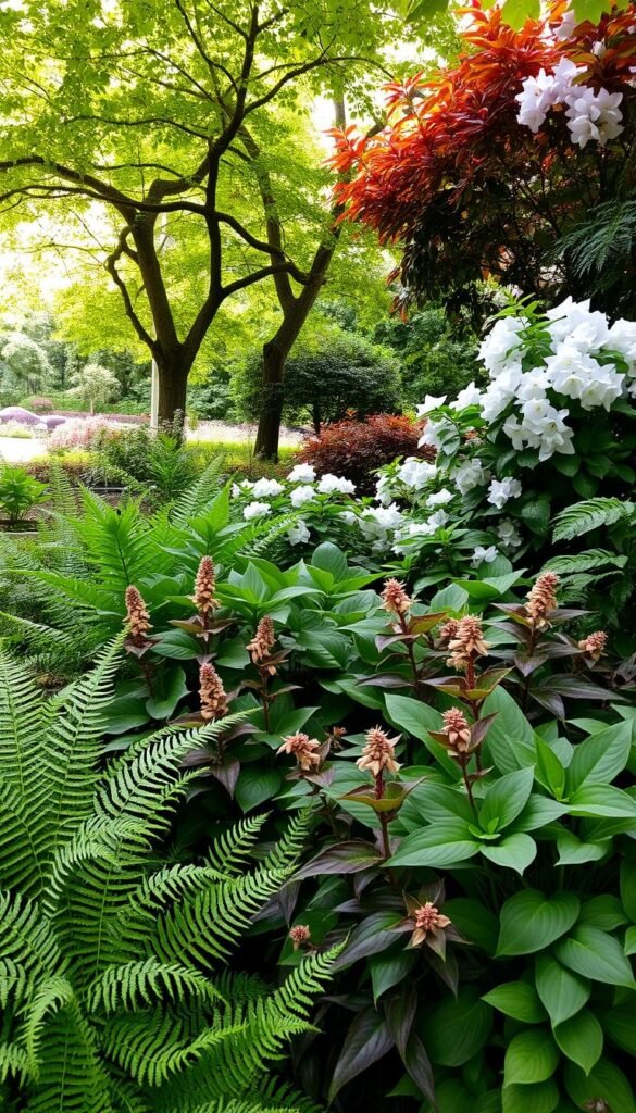 A lush and verdant scene of shade-loving plants thriving in a small garden border. In the foreground, delicate fern fronds and the broad, glossy leaves of hostas create a layered, textural tapestry. Splashes of color emerge from the delicate blooms of astilbes and the nodding heads of begonias, their petals softly illuminated by diffused natural light filtering through the canopy above. The middle ground features the elegant, arching foliage of Japanese maples, their graceful silhouettes casting a dappled, soothing shade over the understory plants. In the background, the dense, verdant foliage of hydrangeas and rhododendrons provide a rich, layered backdrop, creating an atmosphere of tranquility and shade-loving abundance.