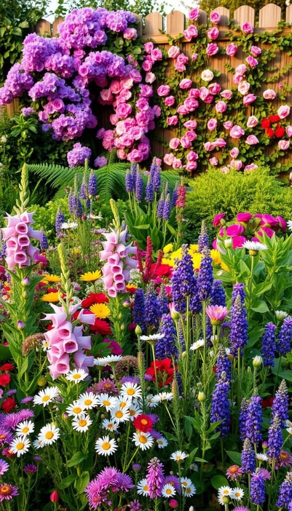 A lush and vibrant cottage garden bursting with a bountiful selection of blooms. In the foreground, a colorful array of flowering perennials and annuals including delicate foxgloves, cheerful daisies, and fragrant lavender. In the middle ground, a mix of textural foliage plants like ferns, hostas, and variegated shrubs create depth and contrast. The background features a rustic wooden fence entwined with climbing roses and clematis, setting the scene for this enchanting English-style garden. The lighting is soft and natural, casting a warm, golden glow over the whole composition. Captured with a wide-angle lens to showcase the abundant, harmonious arrangement of this carefully curated cottage garden plant selection. A lush and vibrant cottage garden bursting with a bountiful selection of blooms. In the foreground, a colorful array of flowering perennials and annuals including delicate foxgloves, cheerful daisies, and fragrant lavender. In the middle ground, a mix of textural foliage plants like ferns, hostas, and variegated shrubs create depth and contrast. The background features a rustic wooden fence entwined with climbing roses and clematis, setting the scene for this enchanting English-style garden. The lighting is soft and natural, casting a warm, golden glow over the whole composition. Captured with a wide-angle lens to showcase the abundant, harmonious arrangement of this carefully curated cottage garden plant selection.