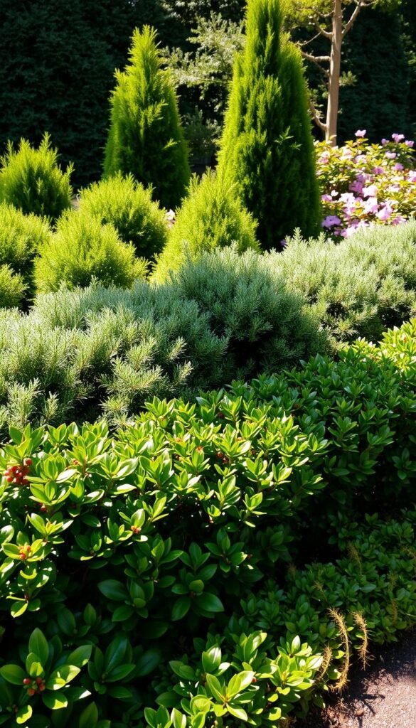 A lush and vibrant garden border of evergreen shrubs in a dappled sunlit setting. In the foreground, a mix of low-growing boxwood and holly bushes, their glossy leaves catching the light. In the middle ground, a row of dense, compact junipers, their feathery foliage creating a soft, textural contrast. In the background, taller evergreen azaleas and rhododendrons, their blooming flowers adding pops of color. The scene is bathed in a warm, golden glow, creating a sense of tranquility and natural harmony. The camera angle is slightly elevated, allowing for a comprehensive view of the well-defined, yet unobtrusive garden border.