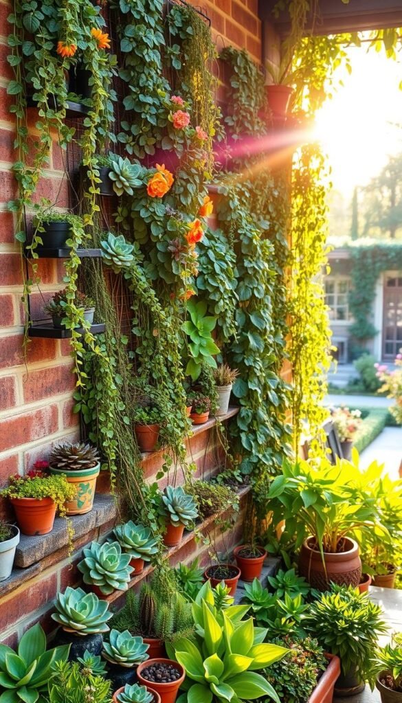 A lush and vibrant vertical garden, bathed in warm afternoon sunlight, cascading down a brick wall. Rows of colorful succulents, trailing vines, and leafy foliage create a textured, layered composition. In the foreground, various potted plants sit on tiered shelves, while in the middle ground, climbing plants cling to the wall, weaving an intricate tapestry. The background features a glimpse of a tranquil garden, hinting at the possibilities of transforming even the tightest of spaces into a verdant oasis. The scene conveys a sense of harmony, showcasing how vertical gardening can maximize color and texture in compact areas.
