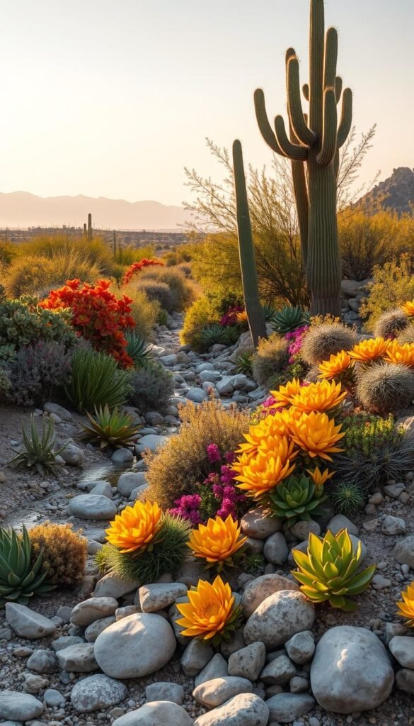 A lush, arid landscape with a selection of drought-tolerant plants in the foreground. Vibrant succulents, cacti, and native desert flora arranged in a visually striking composition, bathed in warm, golden light. The middle ground features a dry creek bed with smooth, rounded river rocks. In the background, a hazy, mountainous horizon, suggesting a serene, tranquil environment. The overall mood is one of resilience and harmony, showcasing the beauty and adaptability of water-wise gardening.