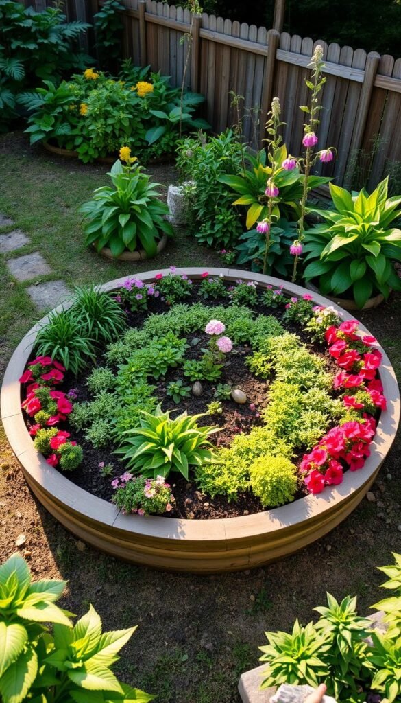 A lush, circular garden bed nestled in a tranquil backyard, featuring a well-defined raised border and a harmonious arrangement of vibrant flowers and foliage. The layout is designed with a central focal point, drawing the eye inward with a calming, concentric pattern. Soft, natural lighting casts a warm glow, accentuating the rich colors and textures of the plants. The scene exudes a sense of balance, inviting the viewer to imagine the peaceful ambiance of tending to this space-saving, yet visually captivating, round raised garden. A lush, circular garden bed nestled in a tranquil backyard, featuring a well-defined raised border and a harmonious arrangement of vibrant flowers and foliage. The layout is designed with a central focal point, drawing the eye inward with a calming, concentric pattern. Soft, natural lighting casts a warm glow, accentuating the rich colors and textures of the plants. The scene exudes a sense of balance, inviting the viewer to imagine the peaceful ambiance of tending to this space-saving, yet visually captivating, round raised garden.