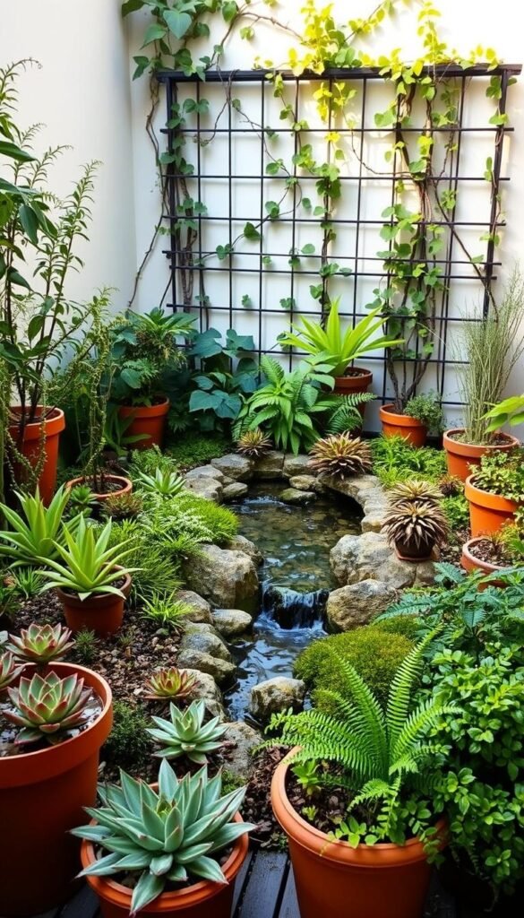 A lush, compact garden design with a harmonious arrangement of space-saving container plants. The foreground features a mix of low-growing succulents, trailing vines, and compact shrubs in earthy tones, expertly arranged in terracotta pots and wooden planters. The middle ground showcases a small, intricate water feature with a gentle stream, surrounded by ferns and mosses. In the background, a trellis supports climbing vines, creating a sense of depth and vertical interest. The lighting is soft and natural, casting warm, golden hues that enhance the organic textures and colors. The overall composition conveys a serene, inviting atmosphere, showcasing the principles of efficient space utilization and thoughtful plant selection for an urban small garden.