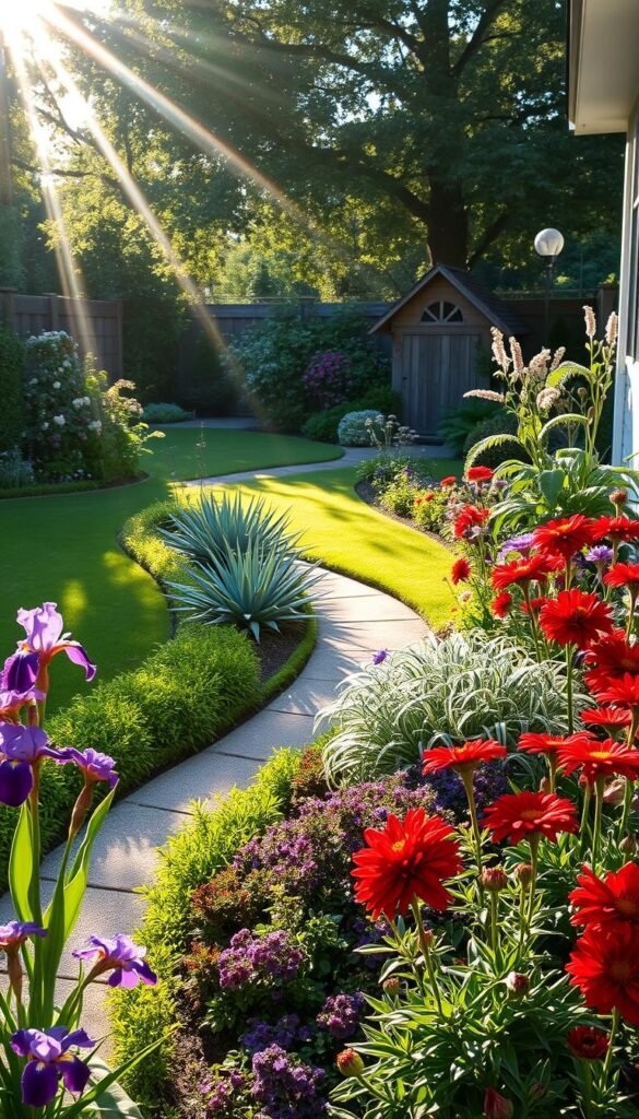 A lush, compact garden transformation with bold, vibrant edging plants lining a small winding path. Sunlight filters through the canopy, casting a warm, golden glow over the scene. In the foreground, a carefully curated selection of colorful perennials, such as deep purple irises and fiery red dahlias, add a sense of drama and visual interest. The middle ground features a mix of textural foliage plants, including silvery-leaved artemisia and spiky agave, creating a striking contrast. In the background, a well-manicured lawn frames the scene, leading the eye towards a charming, rustic garden shed. The overall composition conveys a sense of harmony, with the bold edging plants taking center stage and making a bold statement within the compact garden space.
