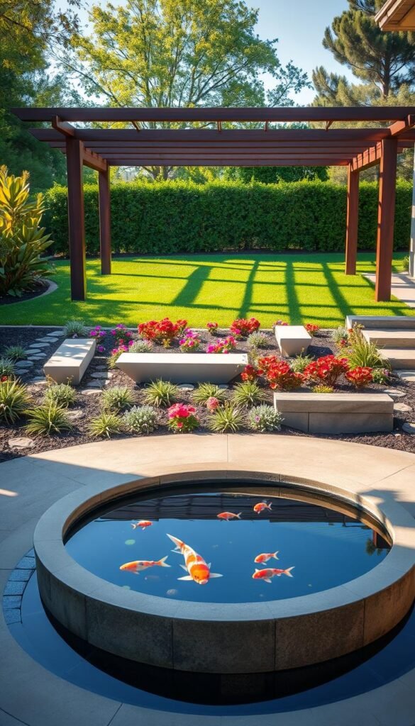 A lush, contemporary landscape with a seamless blend of natural and architectural elements. In the foreground, a tranquil koi pond surrounded by a modern, minimalist stone patio. The middle ground features a raised garden bed overflowing with vibrant, drought-tolerant plants, interspersed with elegant, angular benches. In the background, a sleek, wood-paneled pergola casts soft, dappled shadows across the scene, complemented by a verdant, well-manicured lawn. The lighting is soft and natural, creating a warm, inviting atmosphere. The overall composition emphasizes clean lines, balanced symmetry, and a harmonious integration of the built and natural environments.