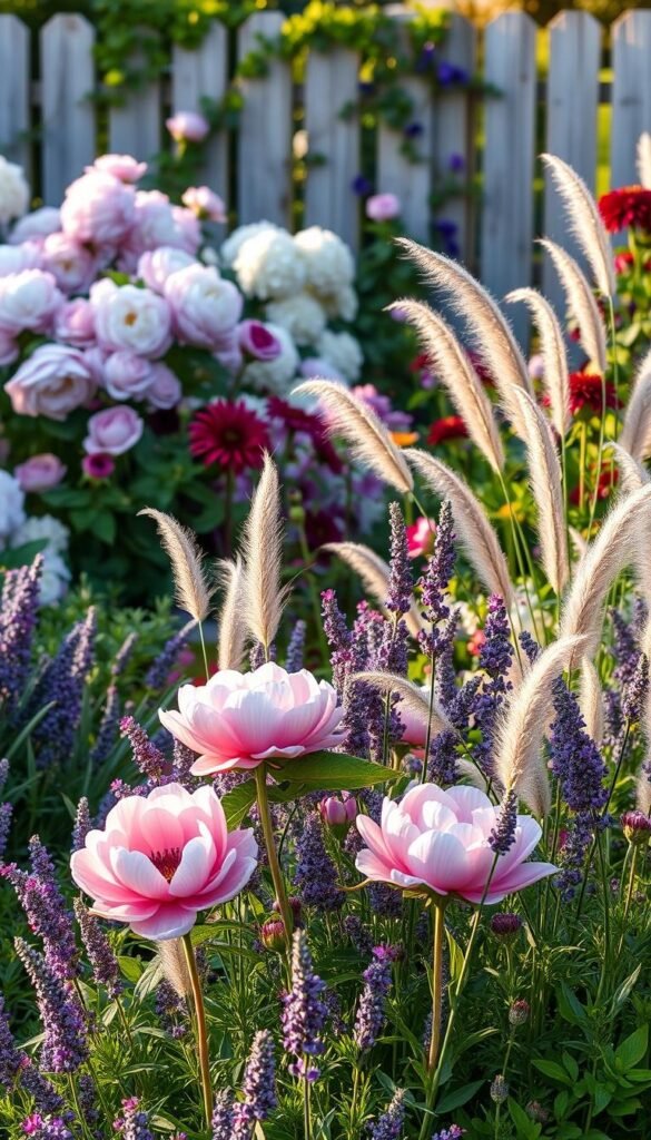 A lush cottage garden in soft morning light, the foreground bursting with a vibrant mix of blooms - delicate rose-pink peonies, fragrant lavender spires, and airy clumps of feathery ornamental grasses swaying gently. In the middle ground, a tangle of colorful flowers and foliage - billowing clouds of white hydrangeas, velvety burgundy dahlias, and trailing vines of purple clematis. The background fades into a dreamy, out-of-focus impression of a weathered wooden fence, beckoning the viewer into this romantic, sun-dappled haven.
