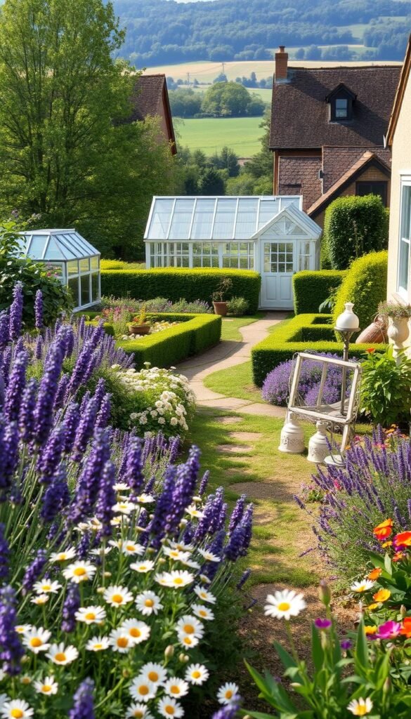 A lush, detailed cottage garden layout assessment in soft, natural lighting. The foreground showcases a carefully planned border of vibrant blooms, including fragrant lavender, cheerful daisies, and cascading vines. The middle ground features a charming winding path bordered by neatly trimmed hedges and decorative garden ornaments. In the background, a serene greenhouse sits amidst a backdrop of mature trees and a gently rolling countryside. The overall atmosphere evokes a sense of peaceful tranquility and a thrifty, homegrown aesthetic.