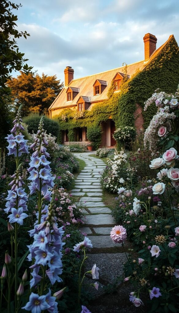 A lush, dreamy cottage garden in soft, muted tones. In the foreground, an abundance of fragrant blooms in shades of lavender, dusty pink, and soft white - delphinium, hollyhock, and fragrant roses. In the middle ground, a stone path winds through the garden, bordered by cascading vines and trailing flowers. The background is a picturesque, ivy-covered cottage, bathed in warm, golden afternoon light, with a blue-gray sky overhead. The overall mood is one of tranquility, beauty, and timeless charm.