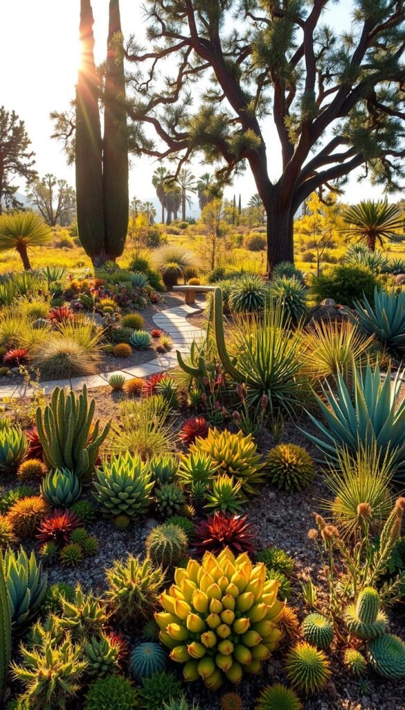 A lush, drought-tolerant garden thrives under a warm, golden sun. In the foreground, a diverse array of succulents and cacti, their intricate patterns and vibrant hues creating a captivating focal point. Surrounding them, native perennials and grasses sway gently, their deep roots anchored in the well-drained soil. In the middle ground, a winding path leads the eye towards a shaded seating area, where a natural stone bench invites visitors to pause and admire the carefully curated landscape. Towering, drought-resistant trees dot the background, their canopies casting dappled shadows that create a serene, oasis-like ambiance. The overall scene conveys a sense of harmony, showcasing how thoughtful plant selection and layout can transform a garden into a thriving, water-wise haven.