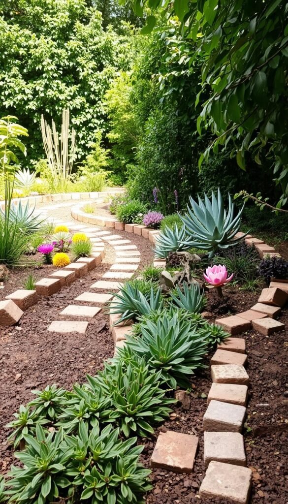 A lush, eco-friendly garden with a meandering path bordered by repurposed bricks and stones. The foreground features an assortment of low-growing, drought-tolerant plants spilling over the edging, creating a natural, textured look. The middle ground showcases a variety of succulents and flowering perennials, their vibrant colors and shapes complementing the earthy tones of the reclaimed materials. In the background, a verdant, leafy backdrop frames the scene, infusing it with a sense of tranquility. The lighting is soft and diffused, casting gentle shadows and highlighting the organic forms of the garden elements. The overall composition conveys a budget-friendly, sustainable, and visually appealing approach to decorative garden edging. A lush, eco-friendly garden with a meandering path bordered by repurposed bricks and stones. The foreground features an assortment of low-growing, drought-tolerant plants spilling over the edging, creating a natural, textured look. The middle ground showcases a variety of succulents and flowering perennials, their vibrant colors and shapes complementing the earthy tones of the reclaimed materials. In the background, a verdant, leafy backdrop frames the scene, infusing it with a sense of tranquility. The lighting is soft and diffused, casting gentle shadows and highlighting the organic forms of the garden elements. The overall composition conveys a budget-friendly, sustainable, and visually appealing approach to decorative garden edging.