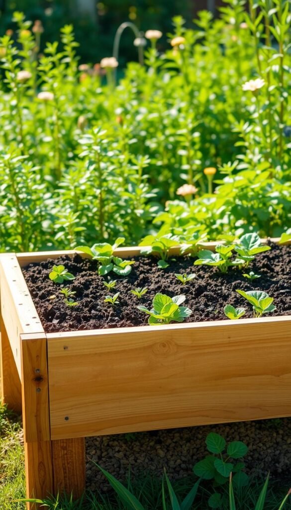 A lush, elevated garden bed in a serene, sunlit setting. The foreground features a well-constructed raised bed, its sturdy wooden frame supporting rich, dark soil teeming with vibrant green plants and vegetables. The middle ground showcases the bed's efficient drainage and aeration, with a layer of gravel or rocks visible beneath the soil. In the background, a verdant backdrop of flourishing plants and flowers creates a harmonious, natural ambiance. Soft, warm lighting filters through the scene, casting a gentle glow over the entire composition. The perspective is slightly elevated, allowing the viewer to appreciate the benefits of the raised design - improved soil quality, reduced weed growth, and easier accessibility for the gardener. The overall impression is one of a thriving, productive, and visually appealing elevated garden bed.