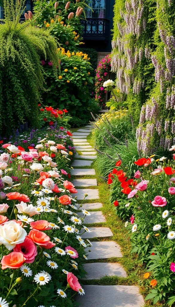 A lush, flourishing cottage garden border design, featuring a harmonious blend of vibrant blooms and cascading greenery. In the foreground, an array of fragrant flowers - delicate roses, cheerful daisies, and whimsical poppies - create a captivating tapestry of color. Meandering through the middle ground, a stone path winds its way, inviting exploration. Towering perennials and trailing vines frame the scene, adding depth and texture. Soft, diffused natural light filters through, casting a warm, welcoming glow over the entire composition. The overall atmosphere evokes a sense of tranquility, romance, and the charming essence of a quintessential cottage garden. A lush, flourishing cottage garden border design, featuring a harmonious blend of vibrant blooms and cascading greenery. In the foreground, an array of fragrant flowers - delicate roses, cheerful daisies, and whimsical poppies - create a captivating tapestry of color. Meandering through the middle ground, a stone path winds its way, inviting exploration. Towering perennials and trailing vines frame the scene, adding depth and texture. Soft, diffused natural light filters through, casting a warm, welcoming glow over the entire composition. The overall atmosphere evokes a sense of tranquility, romance, and the charming essence of a quintessential cottage garden.