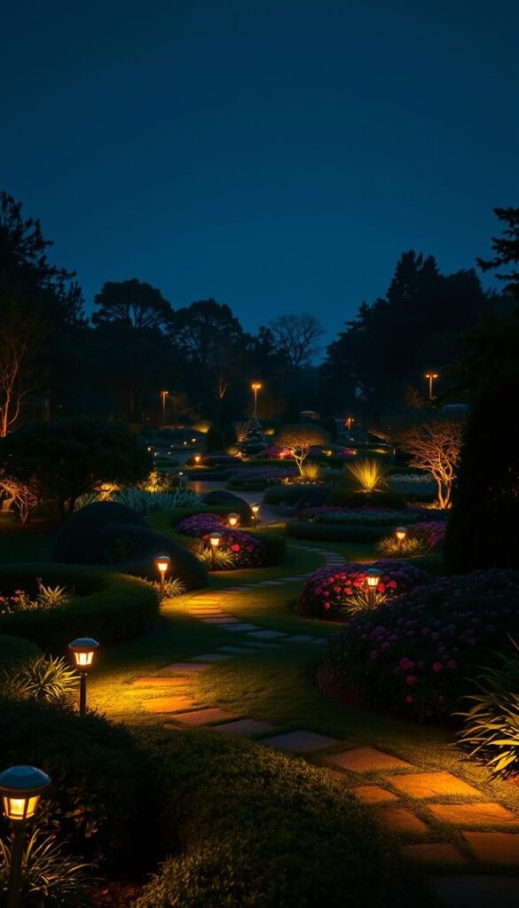 A lush garden at dusk, illuminated by a harmonious blend of soft, warm lighting. In the foreground, strategically placed path lights guide the way, casting a gentle glow on the winding walkways. Farther back, up-lighting highlights the ornamental trees and shrubs, their shadows dancing on the ground. Subtle spotlights accentuate the vibrant flowerbeds, creating a magical, theatrical atmosphere. In the distance, a tranquil pond reflects the twinkling lights, adding a sense of depth and serenity. The overall composition evokes a captivating day-to-night transition, where the garden seamlessly transforms from a sun-dappled oasis to a enchanting, moody sanctuary.