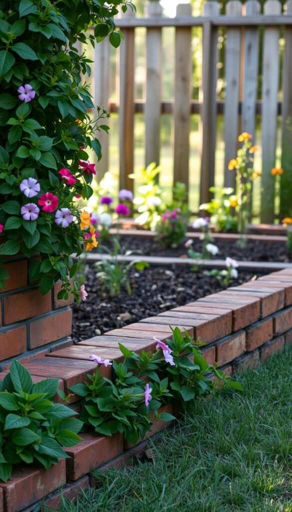 A lush garden bed bordered by a neatly stacked row of rustic red bricks. The bricks are slightly weathered, adding a charming, time-worn character to the scene. In the foreground, vibrant green foliage and colorful blooms spill over the brick edging, creating a natural, cascading effect. Soft, diffused sunlight filters through the scene, casting gentle shadows and highlights that accentuate the texture and dimensionality of the bricks. The middle ground features a well-tended garden, with plants and flowers thriving in the rich, soil-filled beds. In the background, a picturesque wooden fence or trellis provides a complementary backdrop, framing the entire composition. The overall atmosphere is one of tranquility, order, and the harmonious integration of natural and man-made elements.