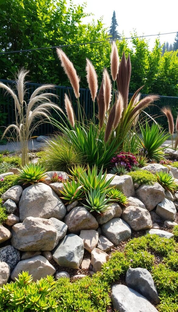 A lush garden border with a blend of textures and contrasting elements. In the foreground, a combination of smooth river rocks and craggy stones create an eye-catching visual interest, interspersed with vibrant, low-growing succulents and ground covers. The middle ground features a mix of tall, flowing grasses and bold, architectural plants, casting dynamic shadows. In the background, a backdrop of verdant, dense foliage frames the scene, creating a sense of depth and tranquility. The lighting is soft and diffused, casting a gentle, natural glow over the entire composition. Captured with a wide-angle lens to showcase the depth and scale of this unique, visually captivating garden border.