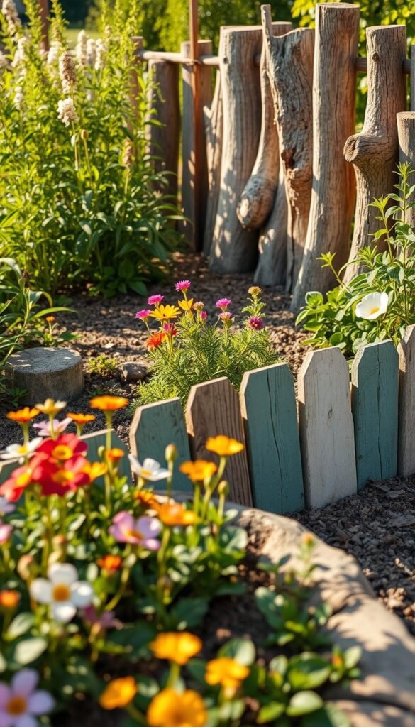 A lush garden border with a rustic charm, showcasing a mix of painted timber and natural log edging. The foreground features a variety of colorful flowering plants, their petals swaying gently in the soft breeze. In the middle ground, the hand-painted timber boards create a whimsical, organic border, their weathered hues complementing the earthy tones of the surrounding soil. Toward the back, a row of sturdy, irregularly shaped logs adds a touch of rugged elegance, casting gentle shadows across the scene. The lighting is warm and natural, filtering through the foliage and casting a golden glow over the entire composition. The overall atmosphere is one of tranquility and charm, inviting the viewer to step into this enchanting garden retreat.