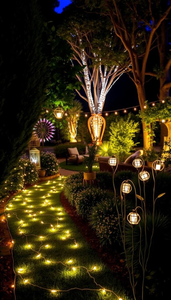A lush garden oasis filled with creative DIY outdoor lighting ideas. In the foreground, a path lined with delicate string lights, casting a warm, inviting glow. In the middle ground, artful lanterns and hanging fixtures illuminate a seating area, while whimsical garden stakes with integrated lights dot the flowerbeds. The background features a mesmerizing display of uplighting, highlighting the textures and shapes of towering trees and shrubs. The overall scene exudes a magical, enchanting atmosphere, perfect for transforming any outdoor space into a nighttime wonderland.